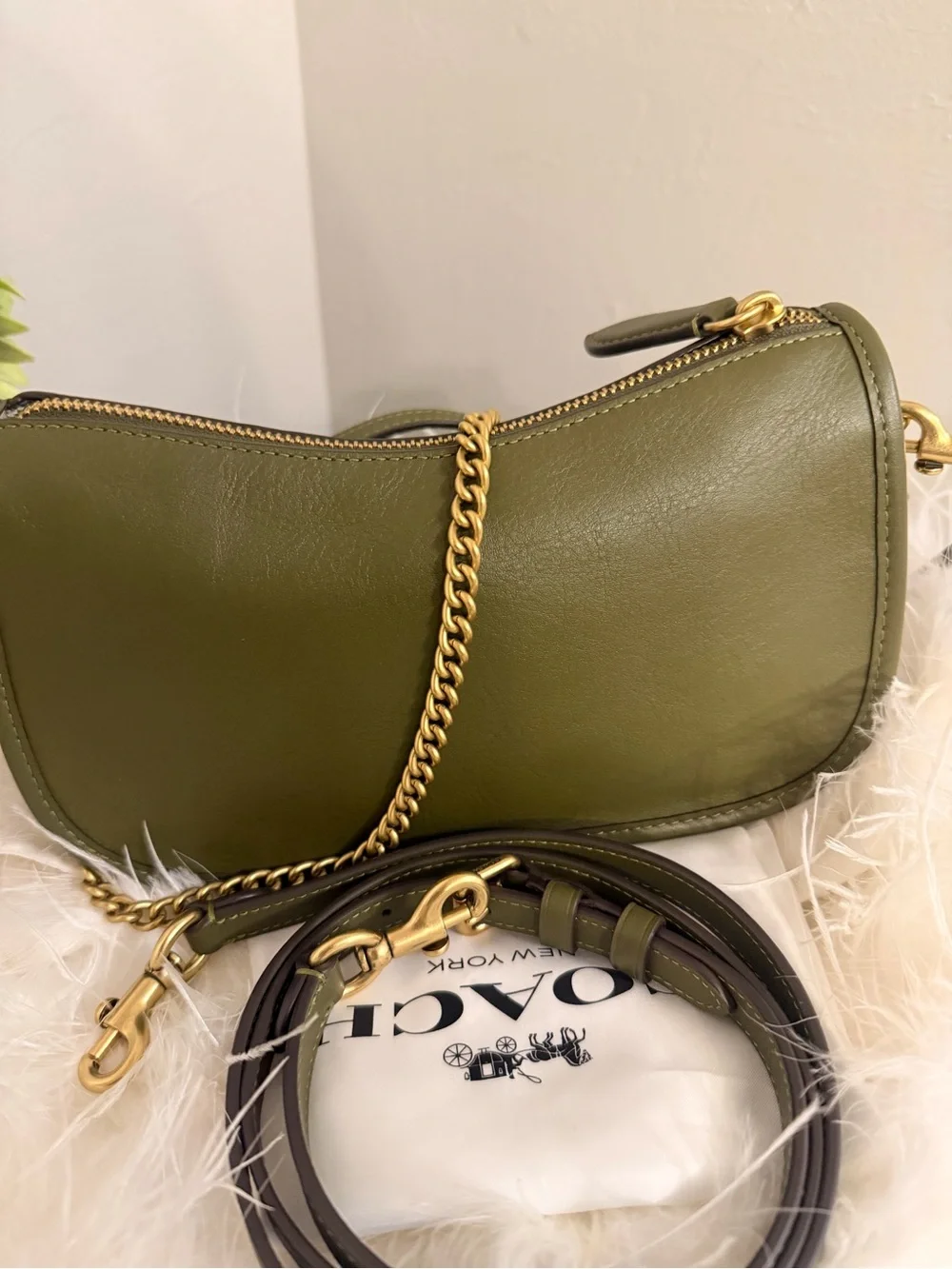 Coach Waverly Leather Shoulder Bag Olive Green Gold Hardware
